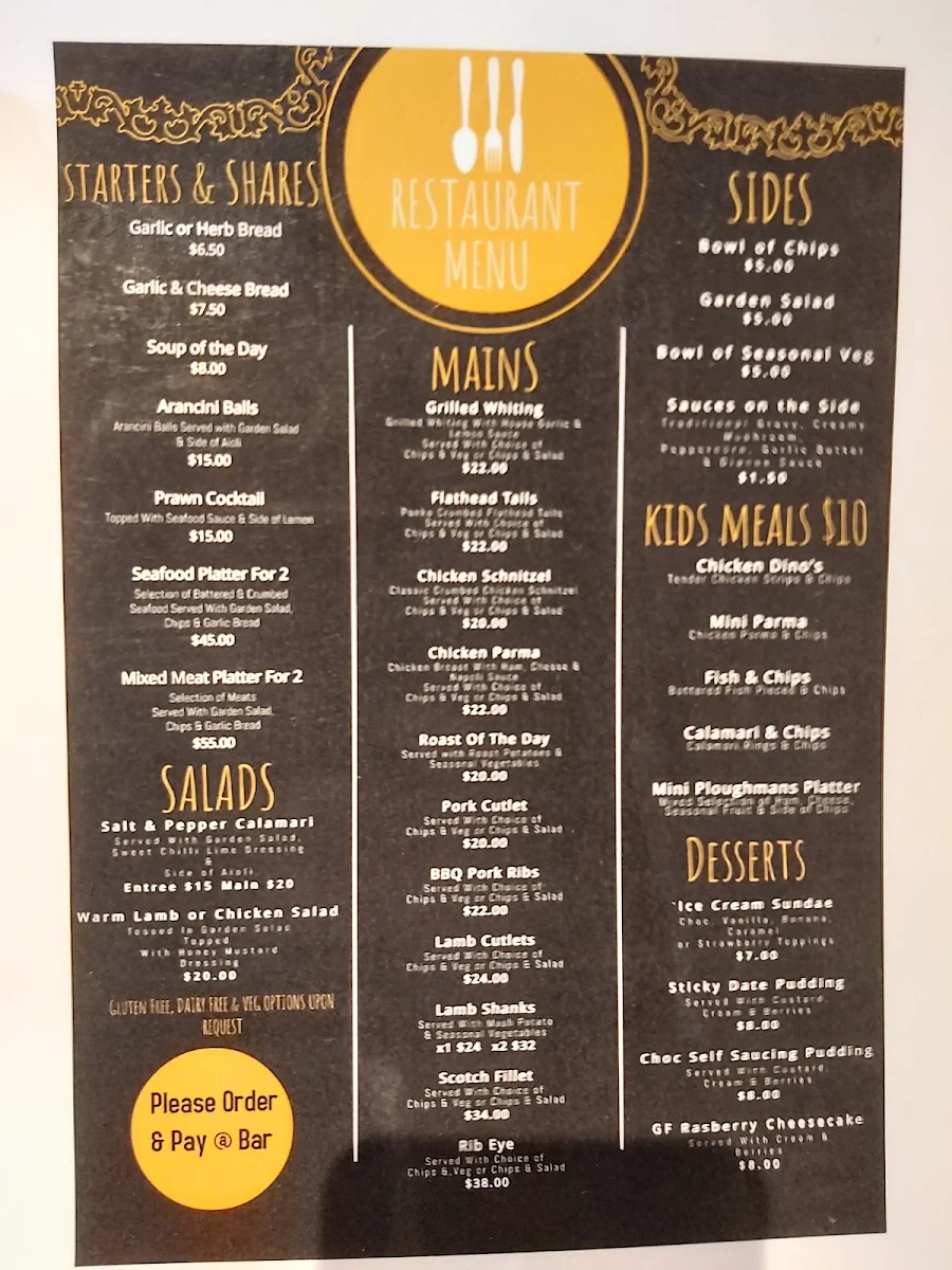 Menu, Gordon Hotel & Bottle Shop, Gordon VIC