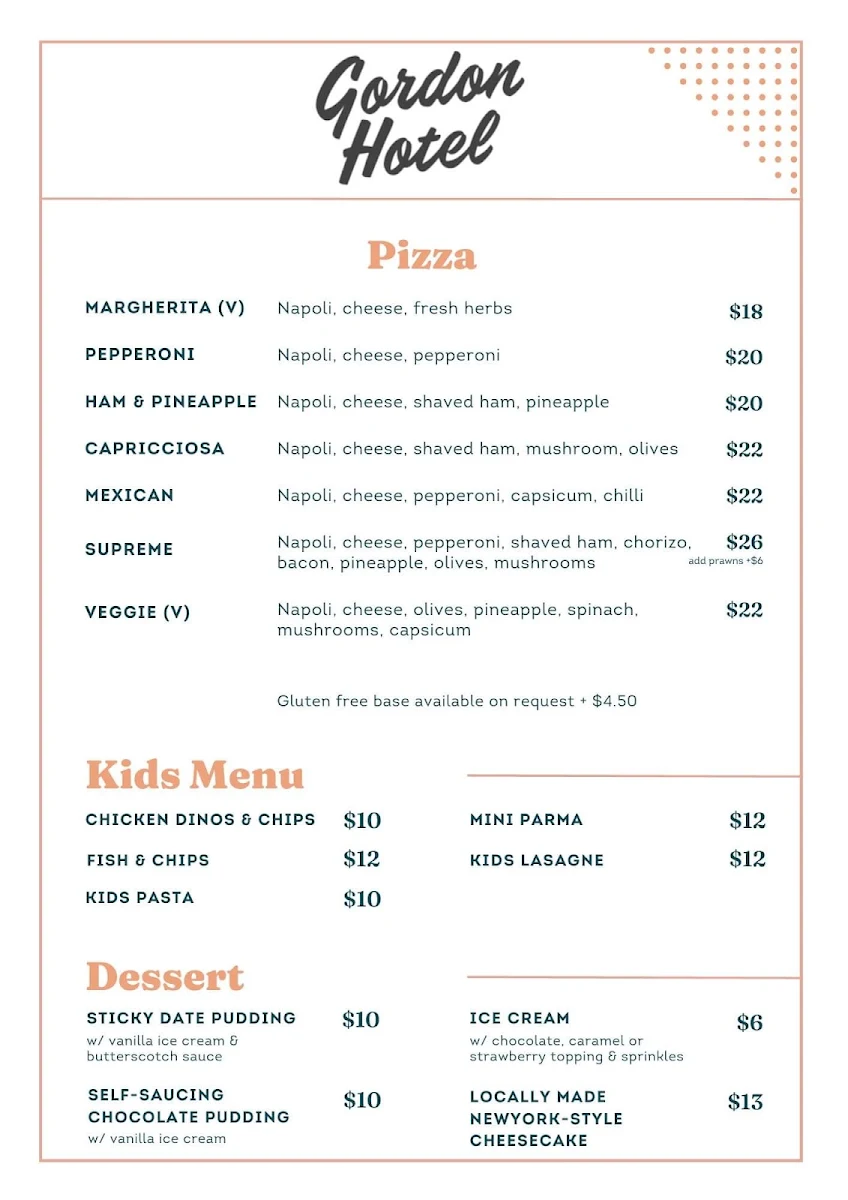 Menu, Gordon Hotel & Bottle Shop, Gordon VIC
