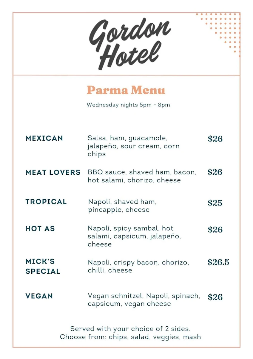 Menu, Gordon Hotel & Bottle Shop, Gordon VIC