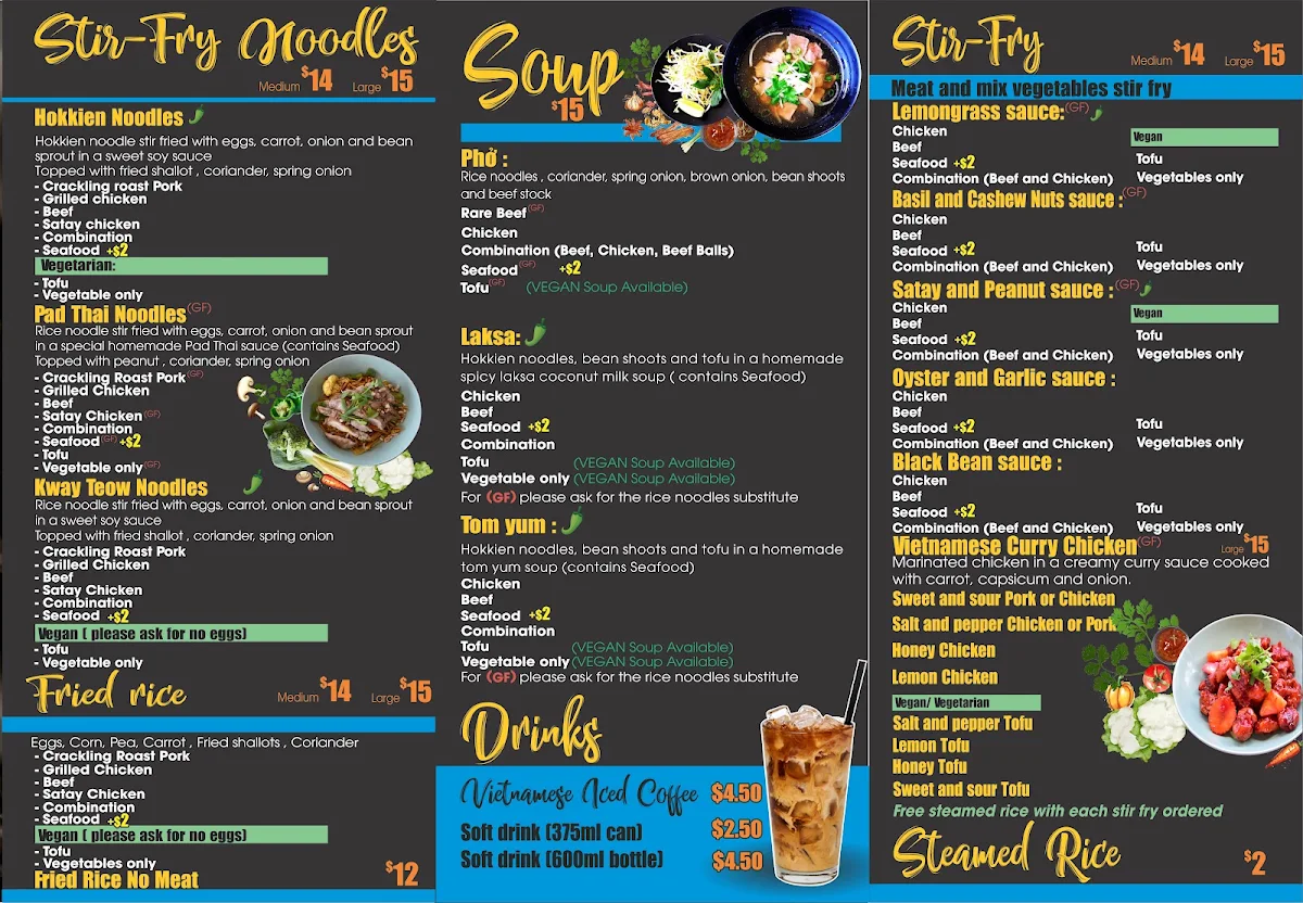 Menu, Bami Gilles Plains