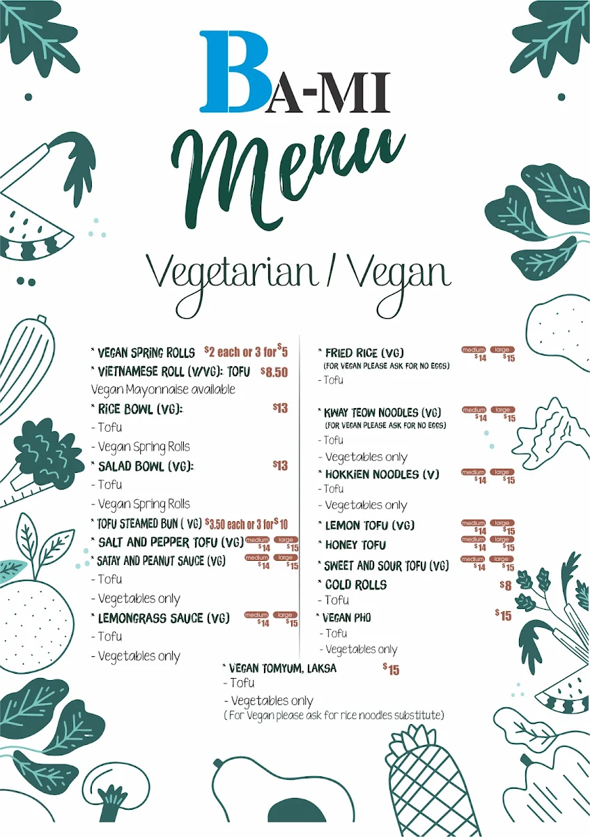 Menu, Bami Gilles Plains