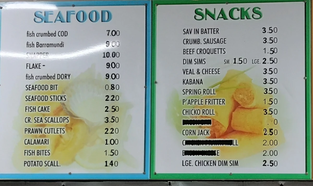 Menu, David's Snack Bar