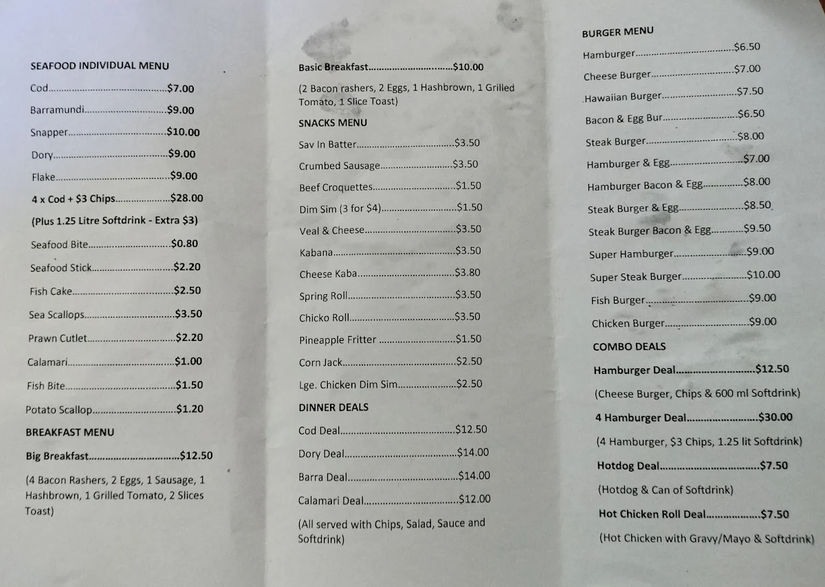 Menu, David's Snack Bar