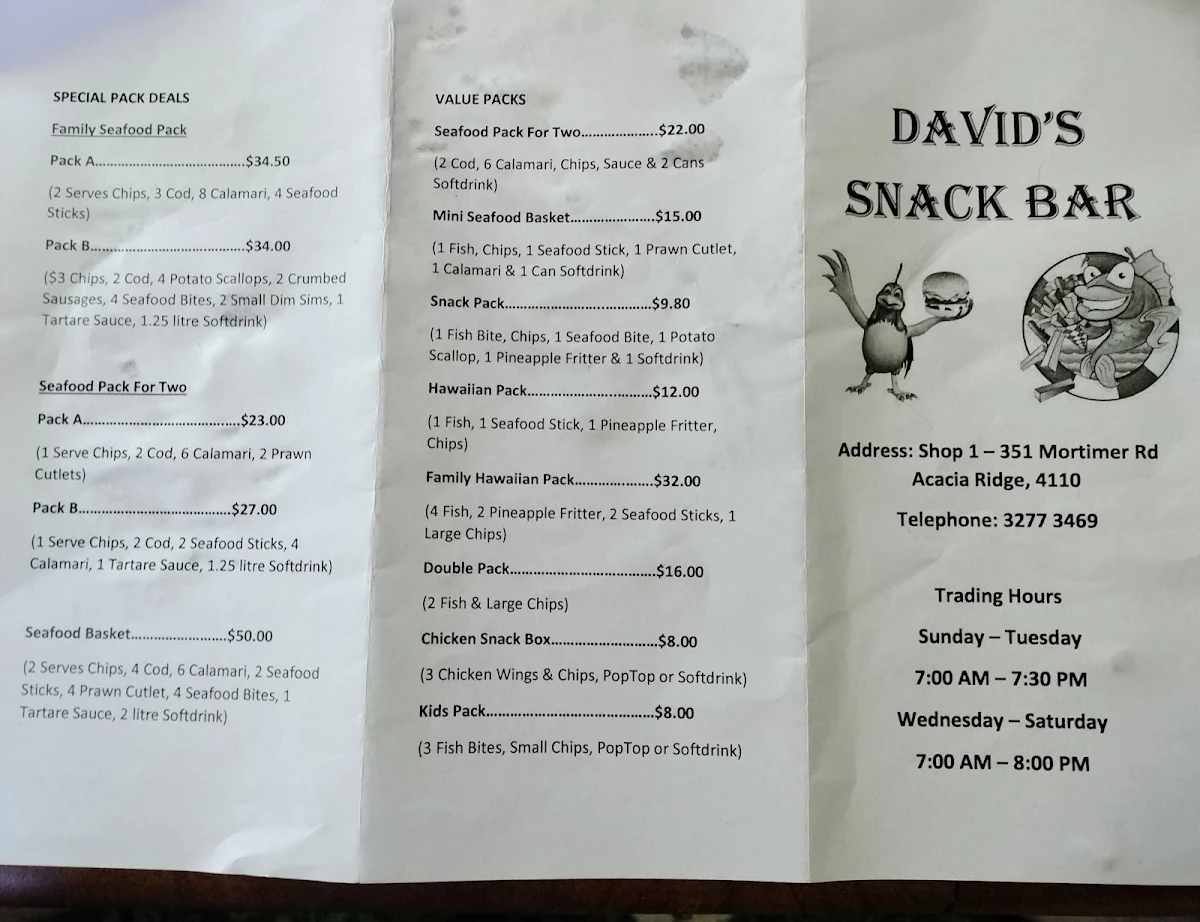 Menu, David's Snack Bar