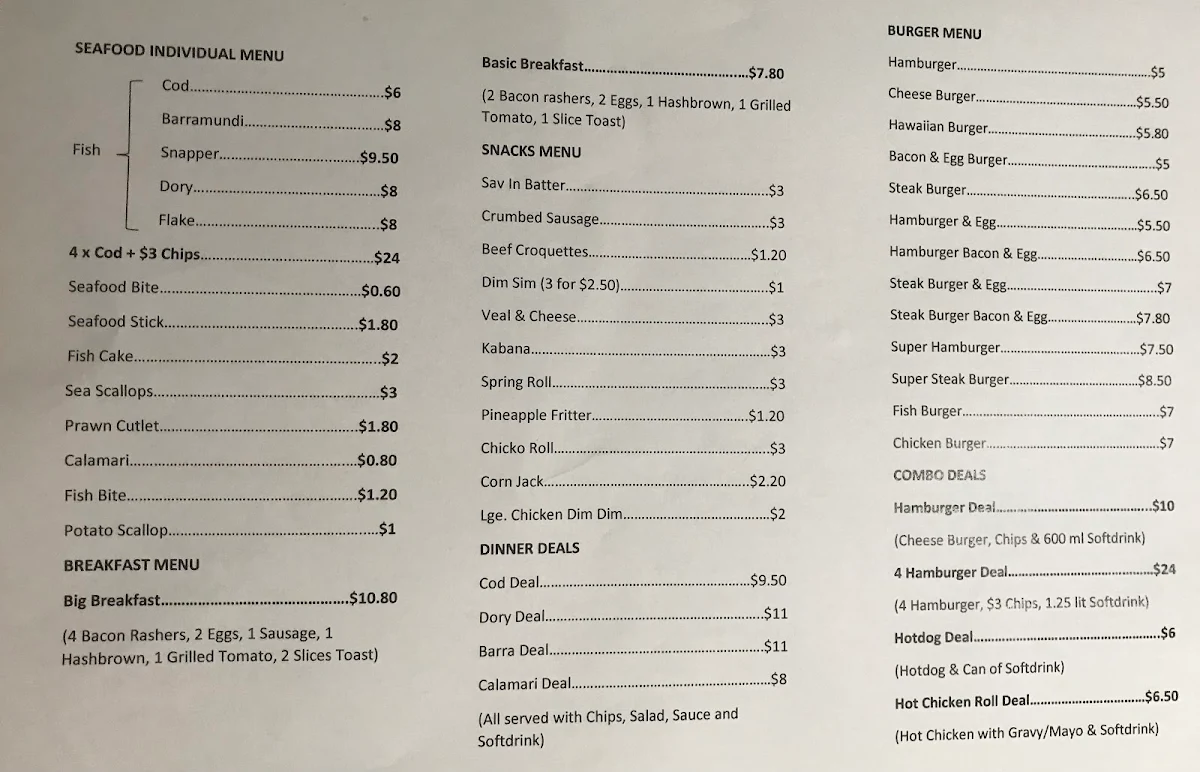 Menu, David's Snack Bar