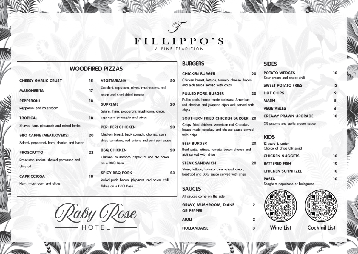 Menu, Raby Rose Hotel