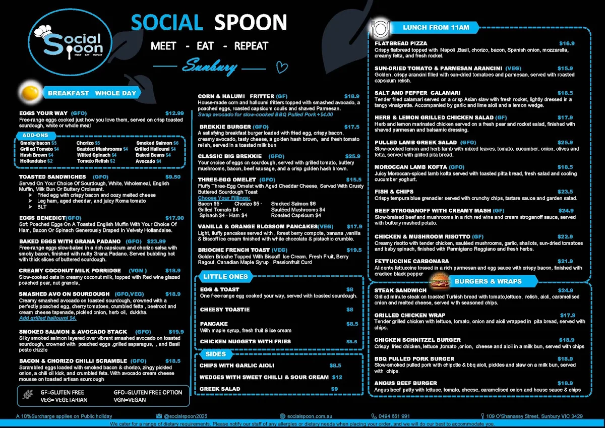 Menu, Social Spoon Sunbury