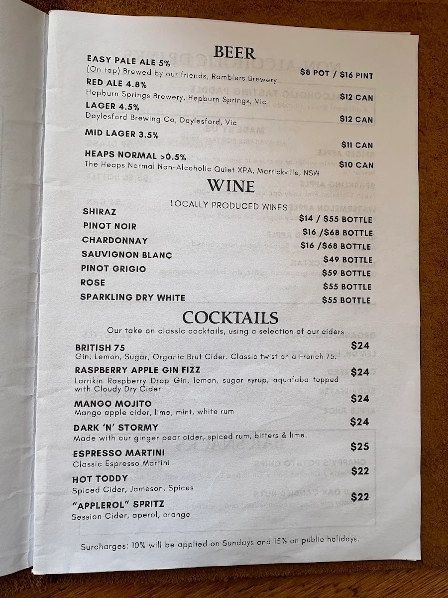 Menu, Daylesford Cider Company