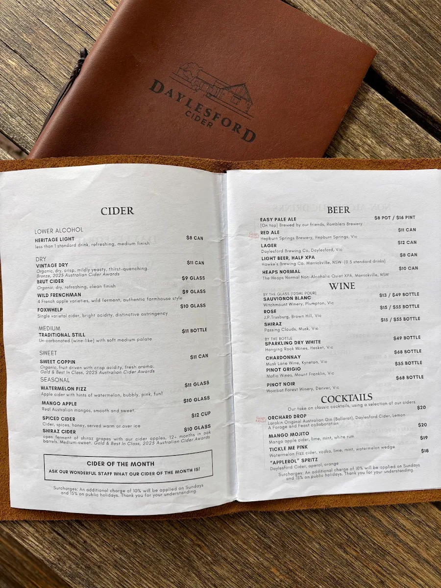 Menu, Daylesford Cider Company