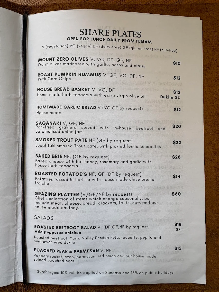 Menu, Daylesford Cider Company