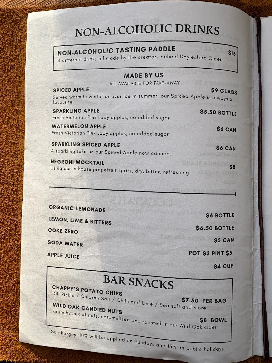 Menu, Daylesford Cider Company