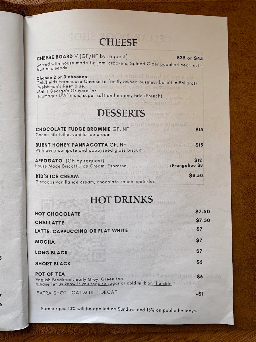 Menu, Daylesford Cider Company