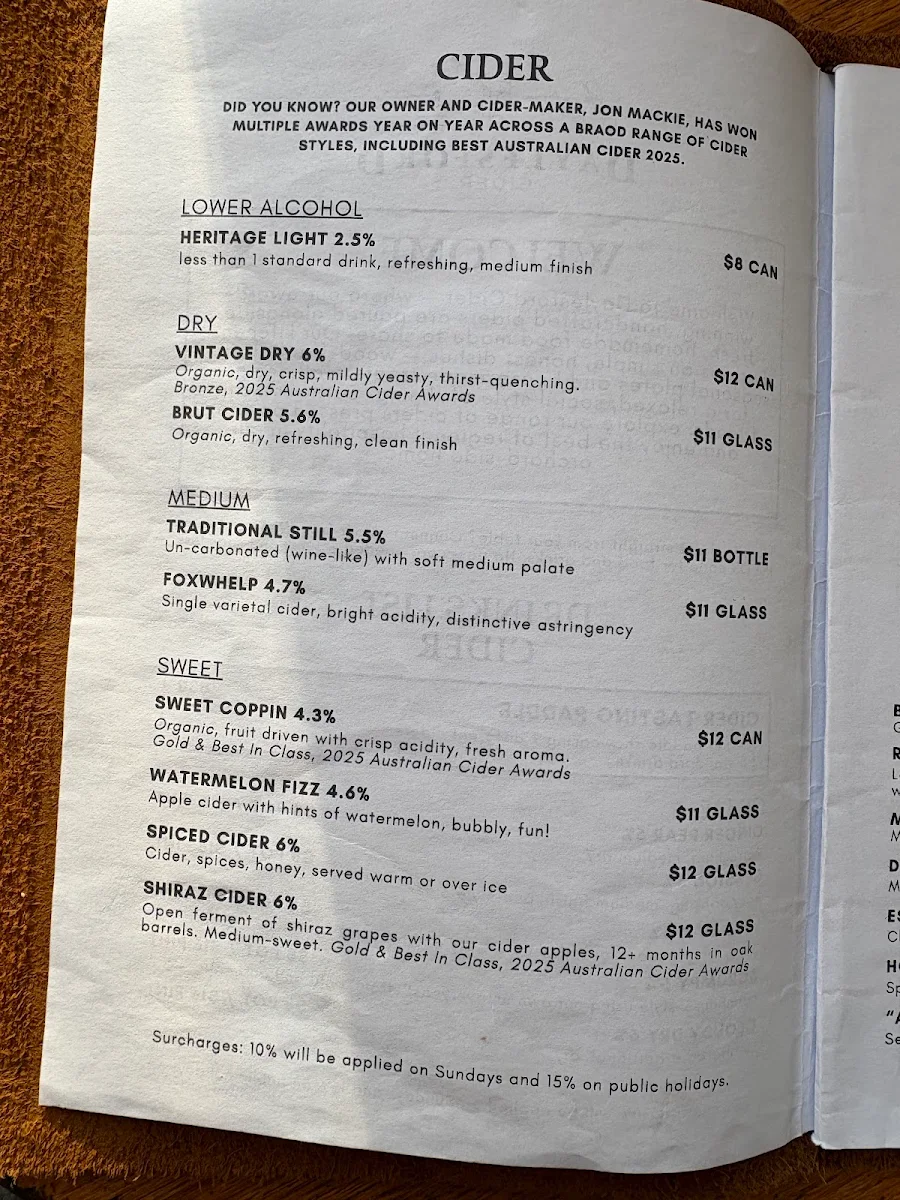 Menu, Daylesford Cider Company