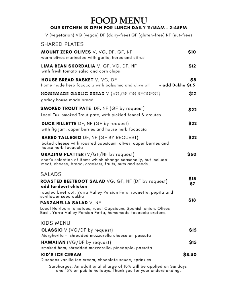 Menu, Daylesford Cider Company
