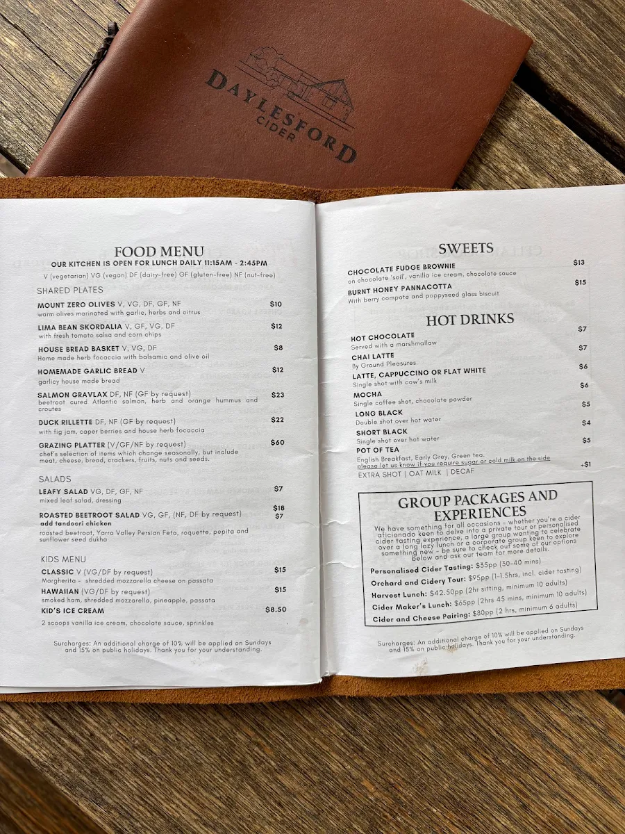 Menu, Daylesford Cider Company