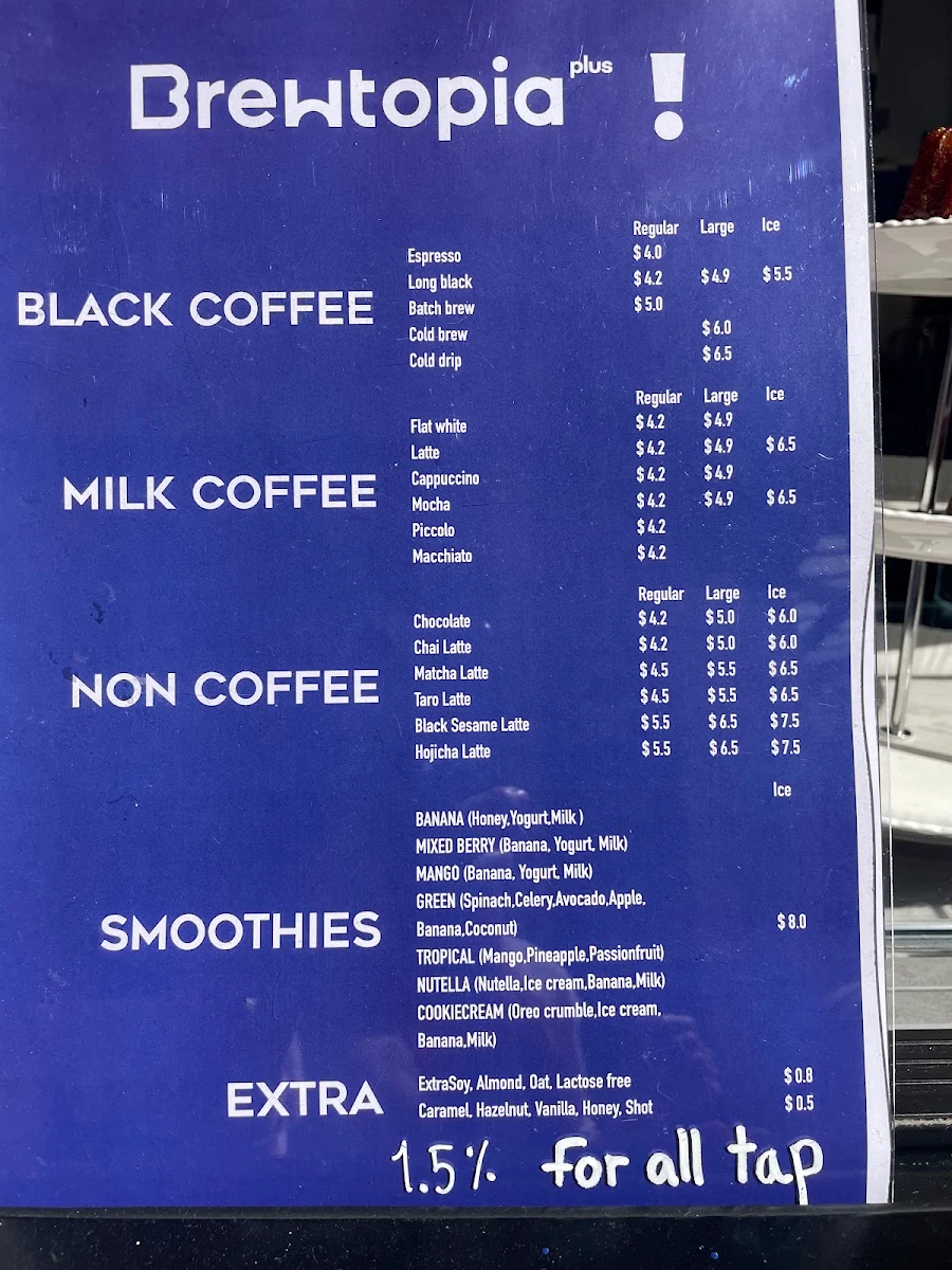 Menu, Brewtopia plus cafe
