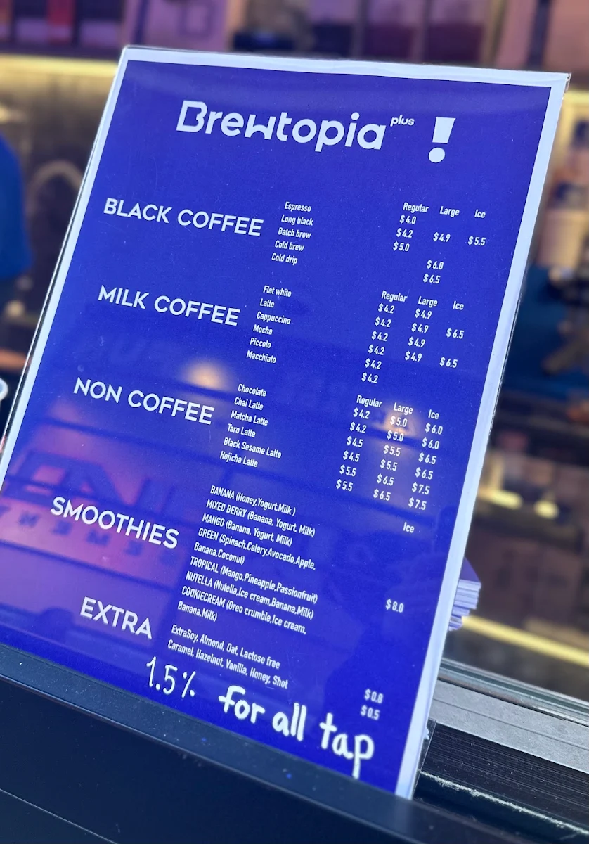 Menu, Brewtopia plus cafe
