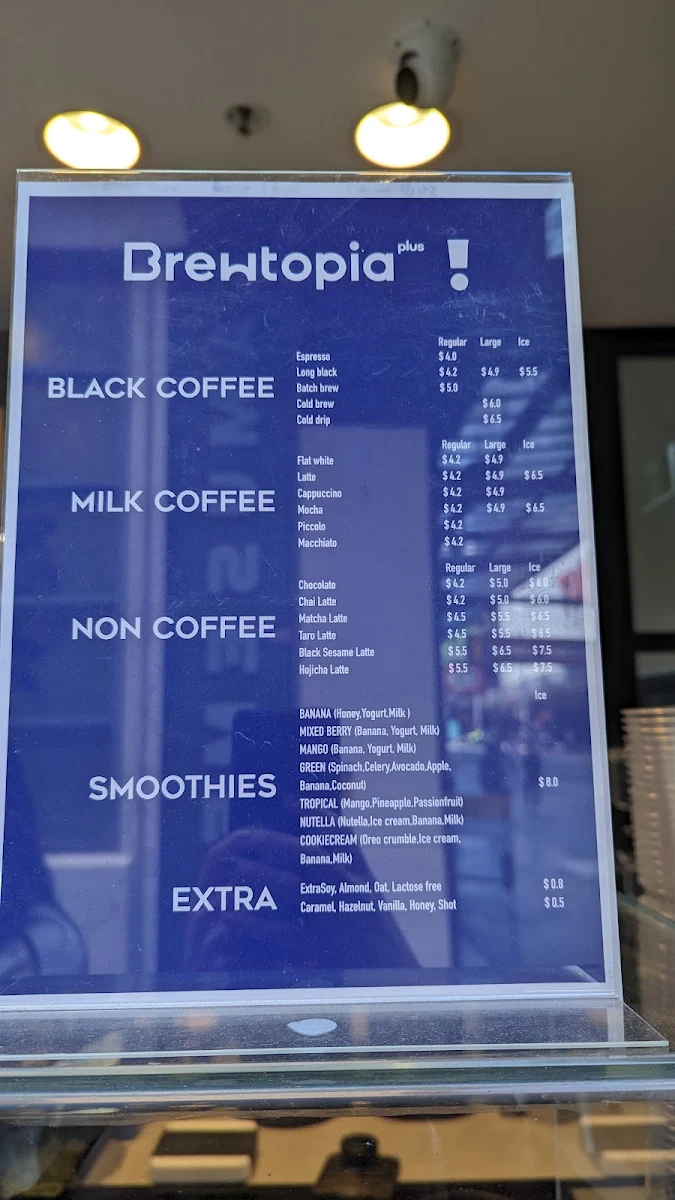 Menu, Brewtopia plus cafe