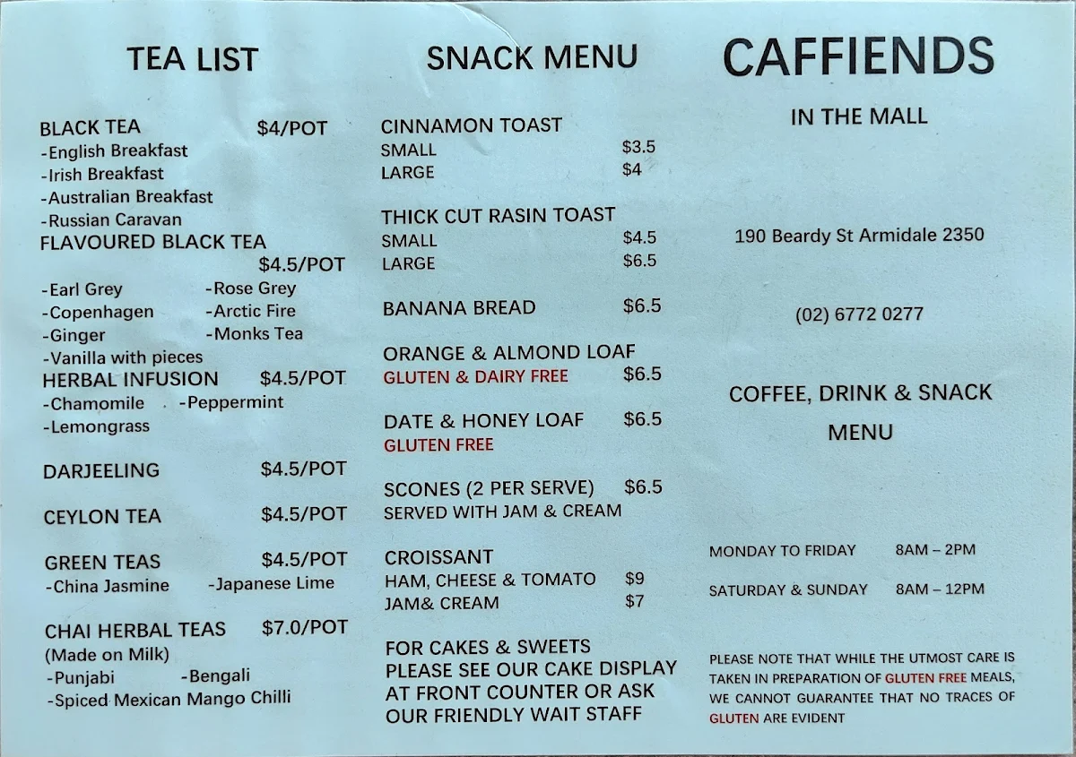Menu, CAFFIENDS in the mall