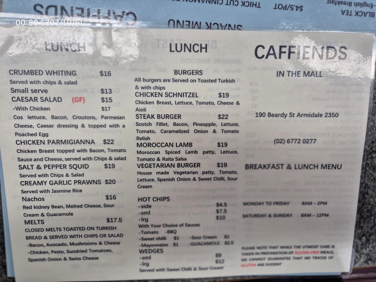 Menu, CAFFIENDS in the mall