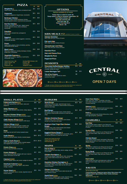 Menu, Central Social Club