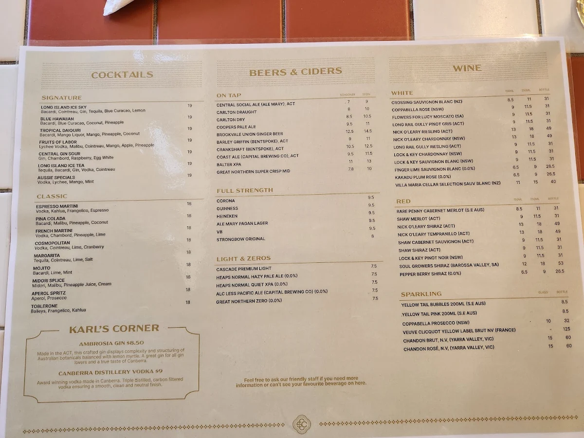 Menu, Central Social Club