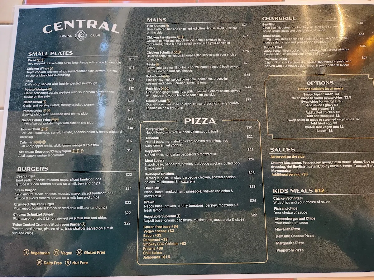 Menu, Central Social Club