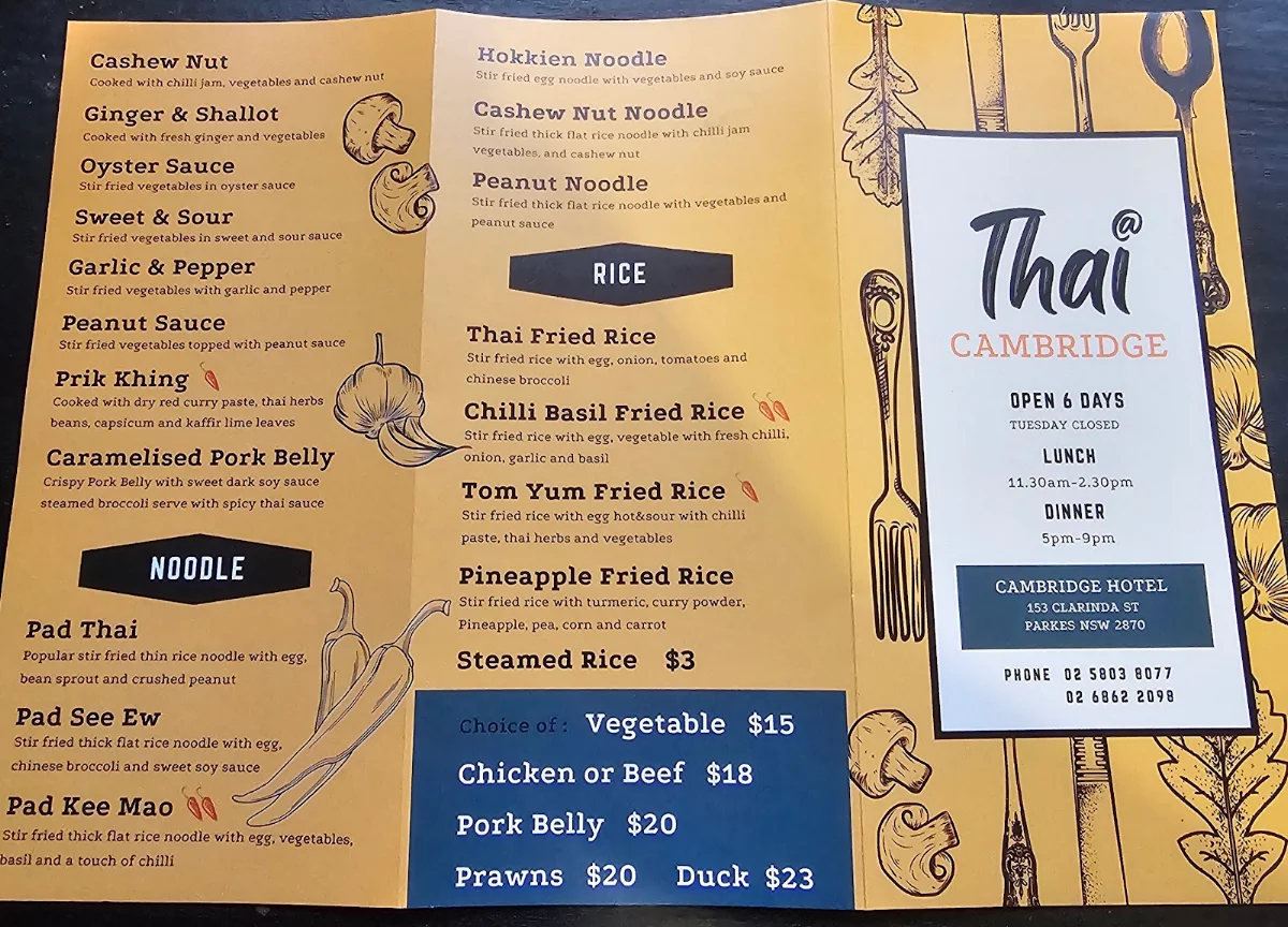 Menu, Cambridge Hotel