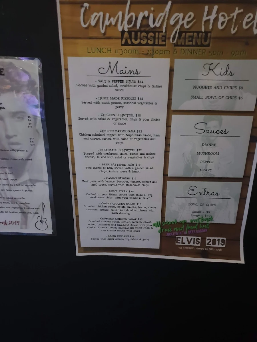 Menu, Cambridge Hotel