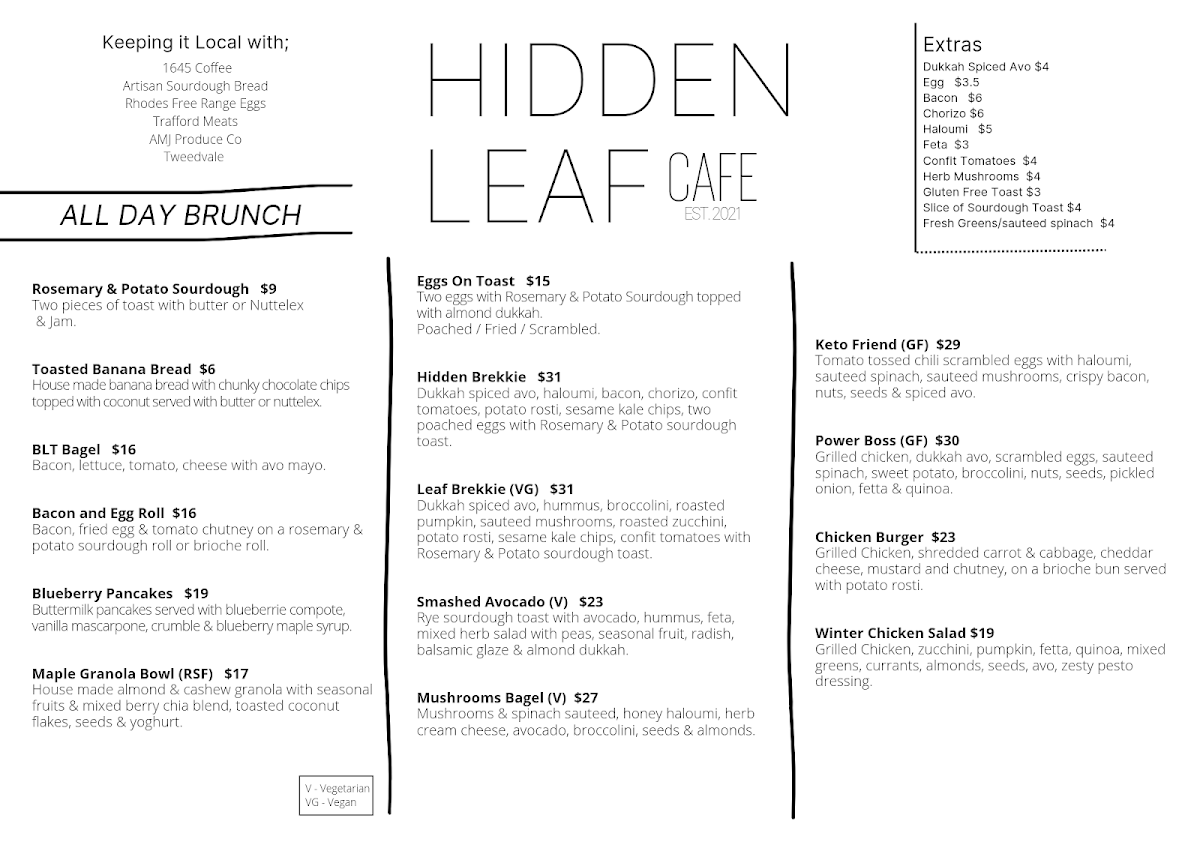 Menu, Hidden Leaf Cafe