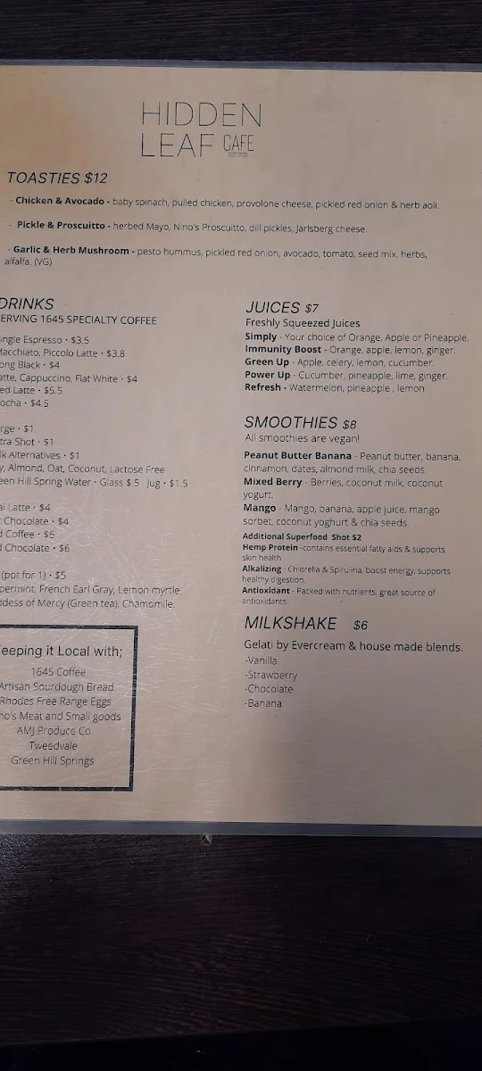 Menu, Hidden Leaf Cafe