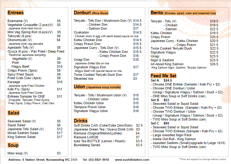 Menu, Sushi 8 @ Station