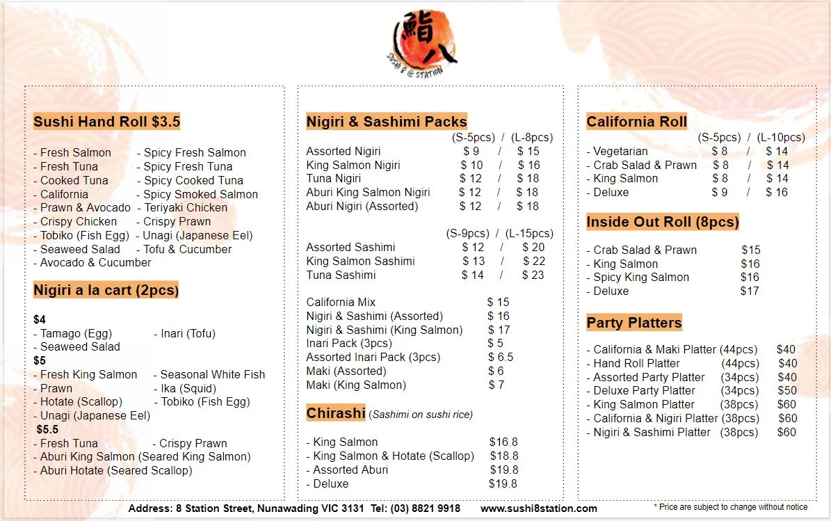 Menu, Sushi 8 @ Station
