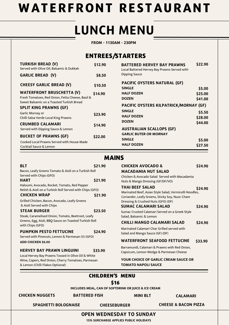Menu, Waterfront Restaurant