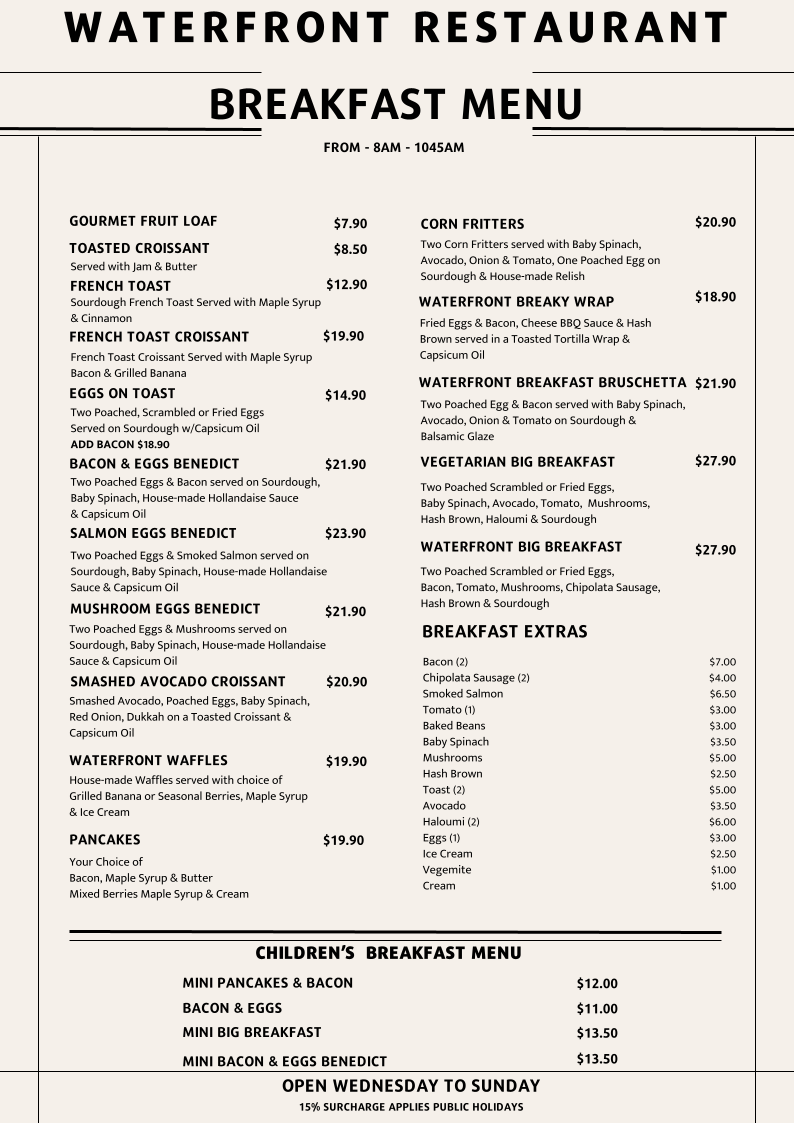 Menu, Waterfront Restaurant