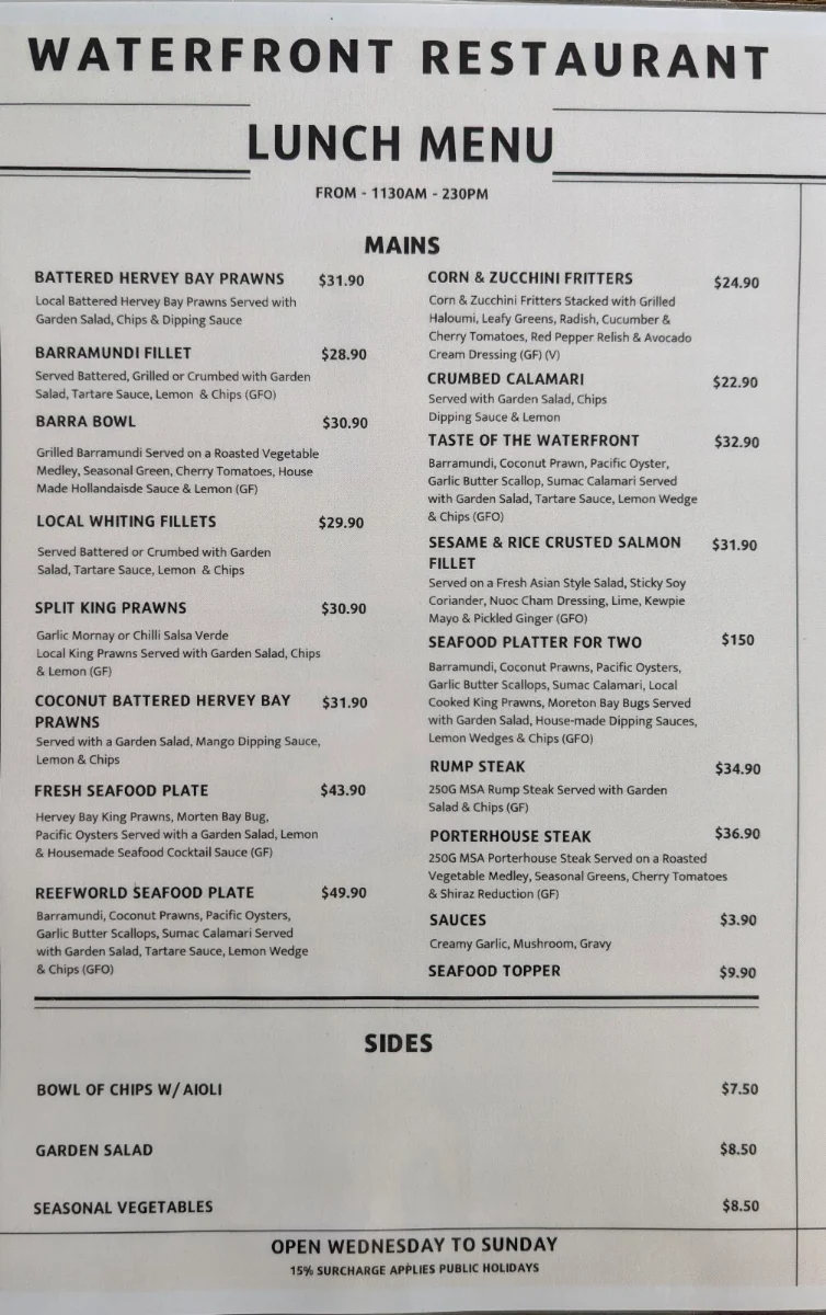 Menu, Waterfront Restaurant