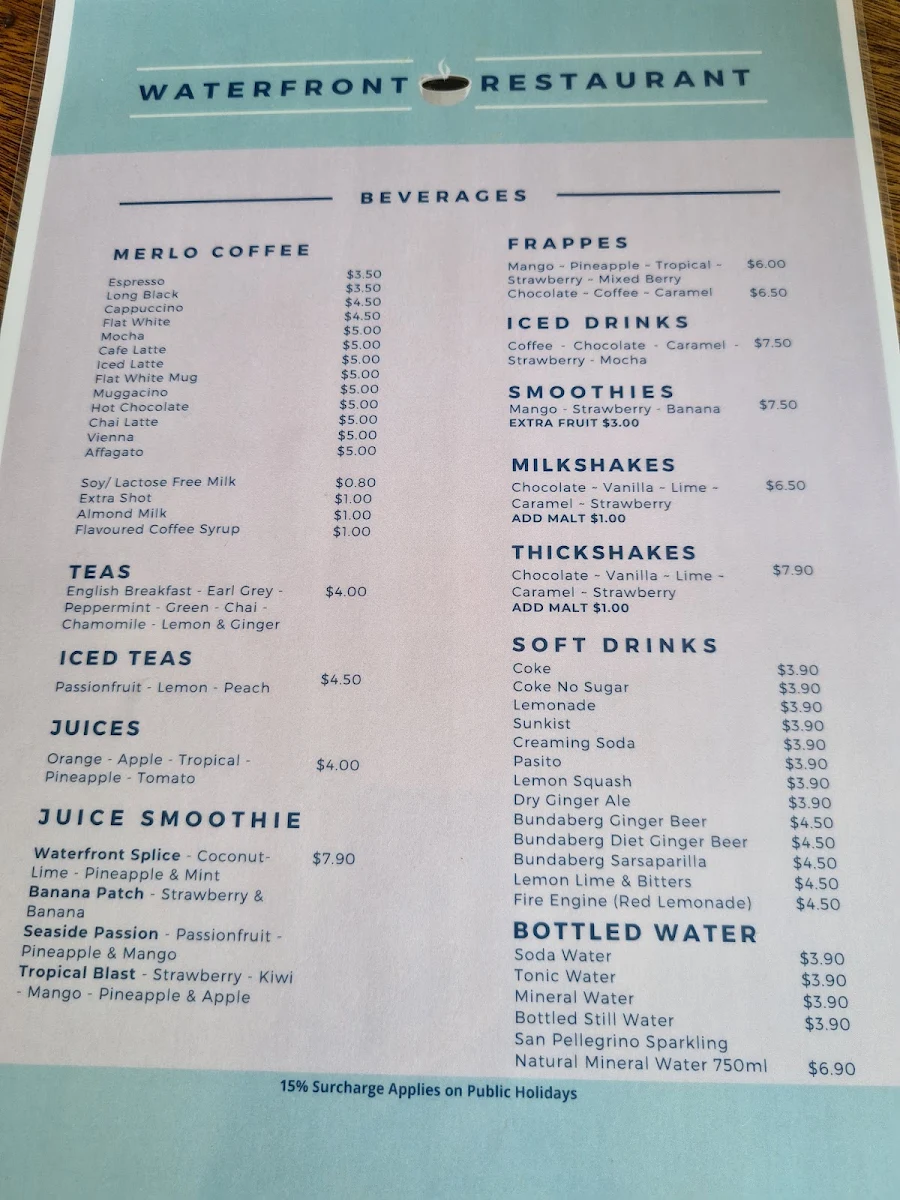 Menu, Waterfront Restaurant
