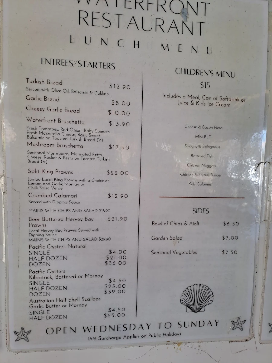 Menu, Waterfront Restaurant