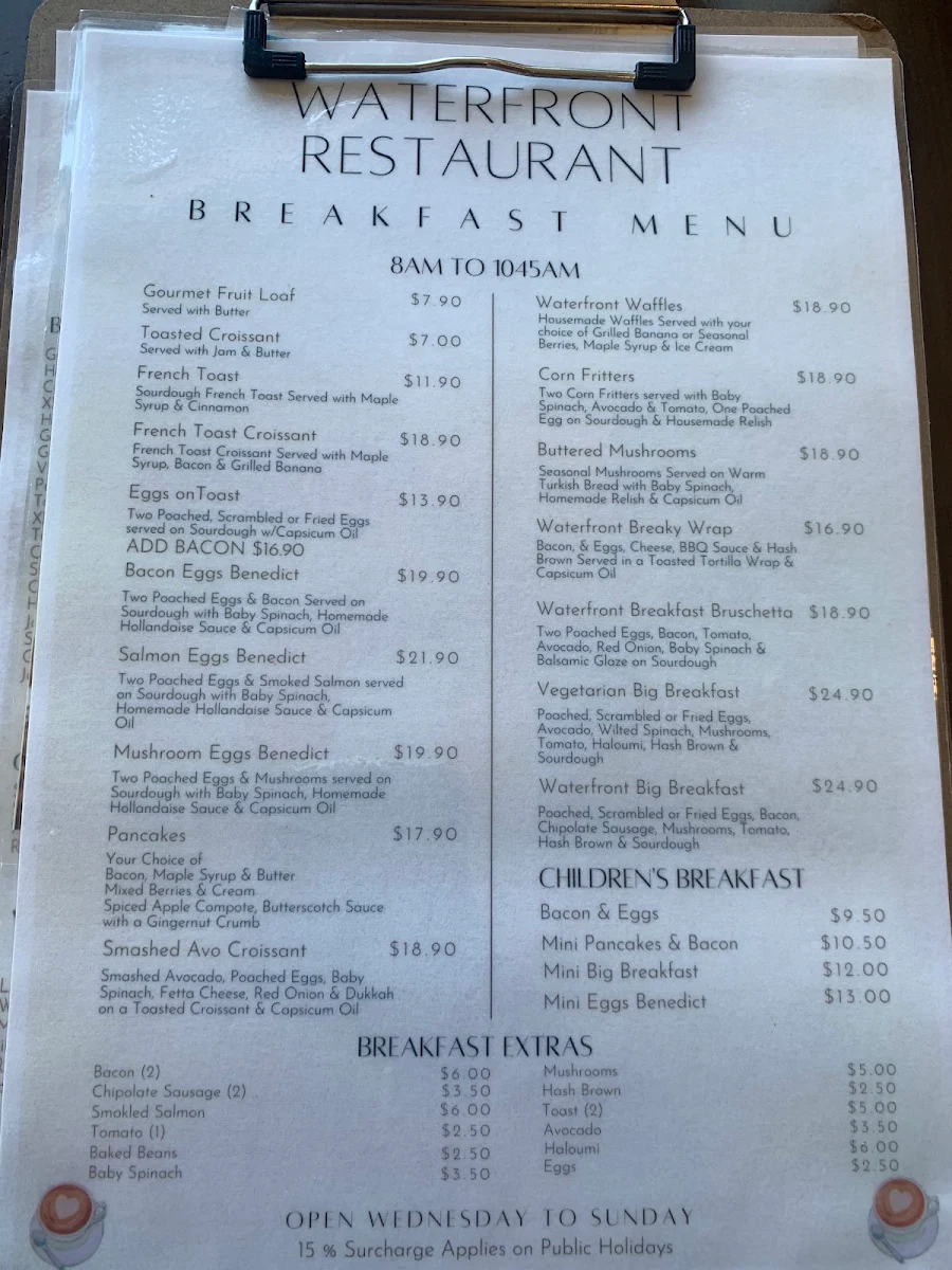 Menu, Waterfront Restaurant
