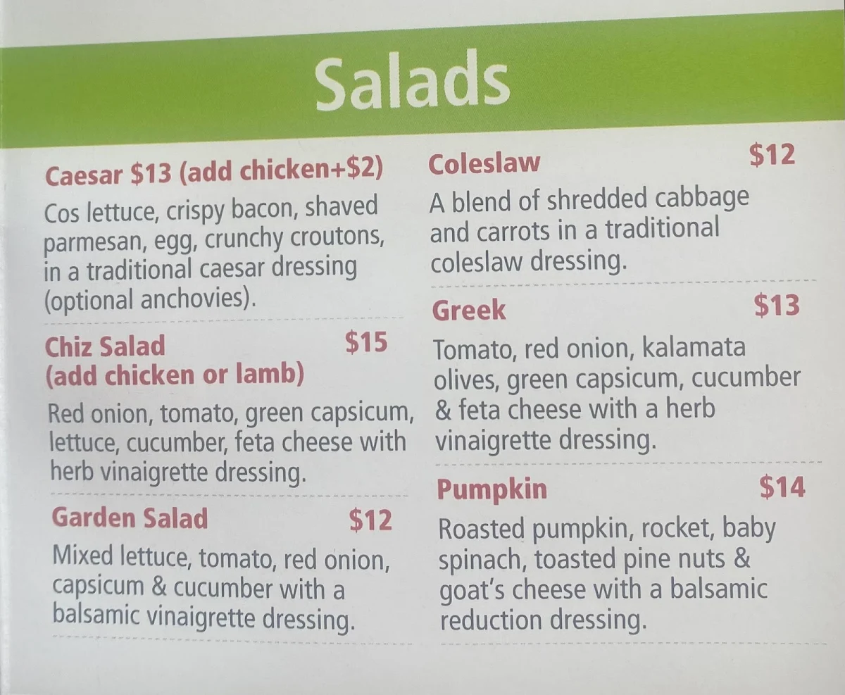 Menu, Chizzos Pizzeria