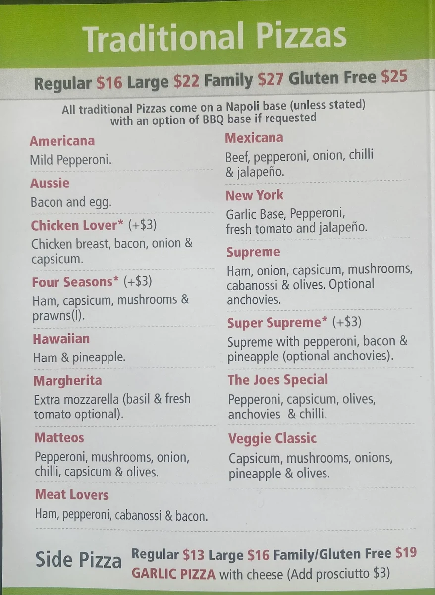 Menu, Chizzos Pizzeria