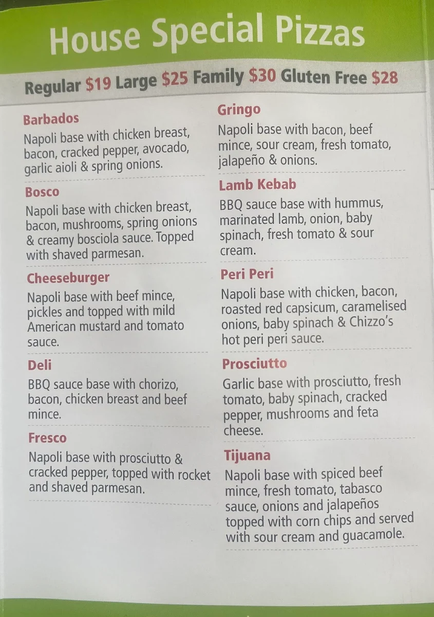 Menu, Chizzos Pizzeria