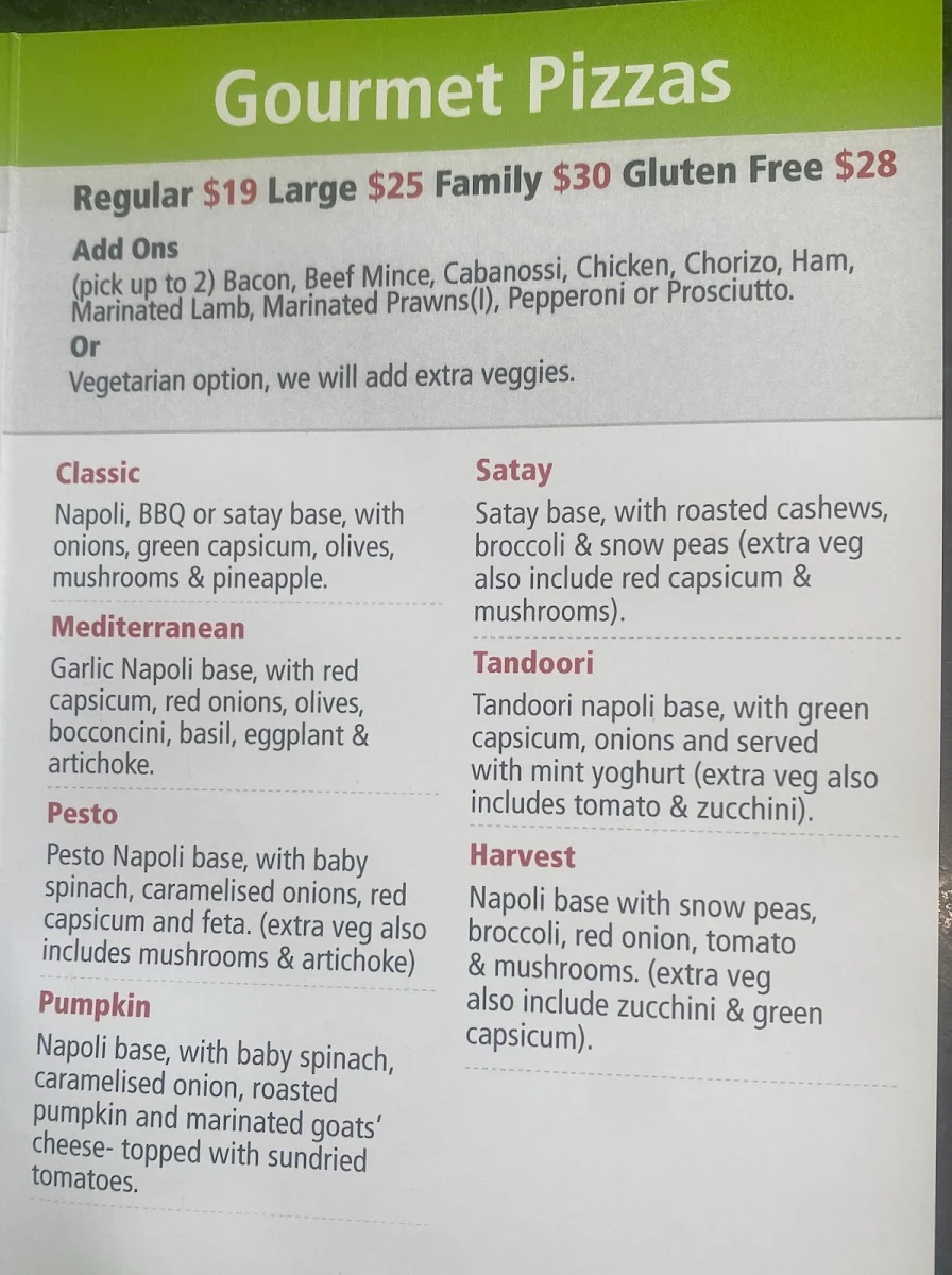 Menu, Chizzos Pizzeria