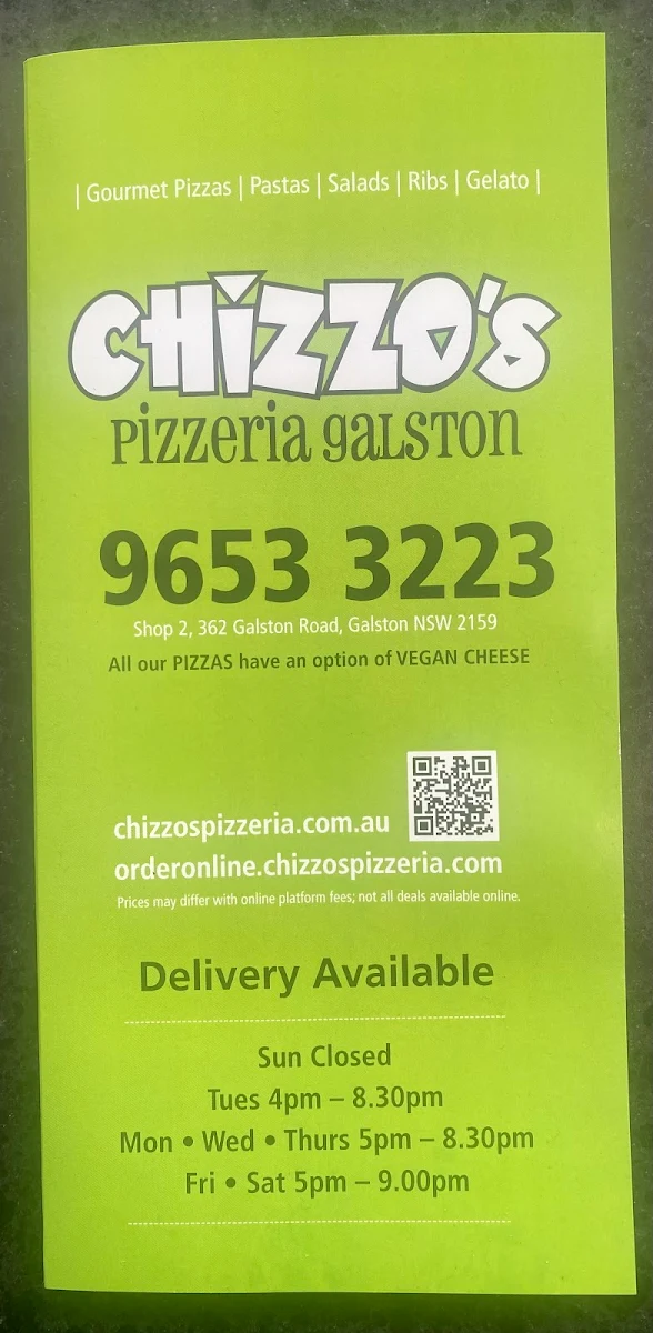 Menu, Chizzos Pizzeria