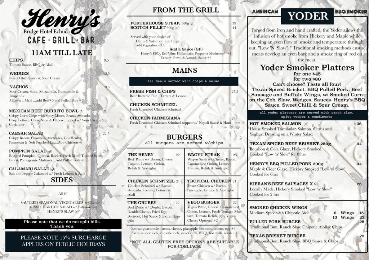 Menu, Henry's Bridge Hotel Echuca