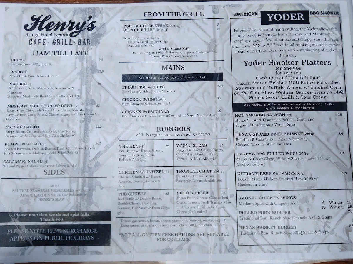 Menu, Henry's Bridge Hotel Echuca