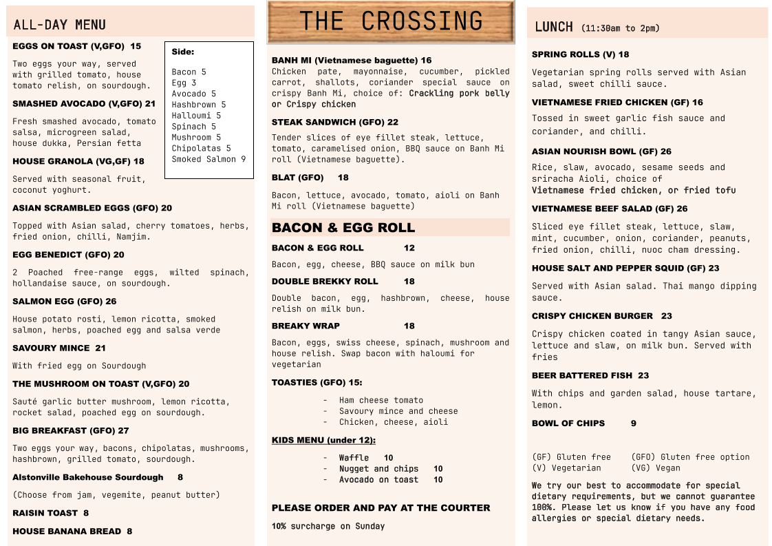 Menu, The Crossing Cafe