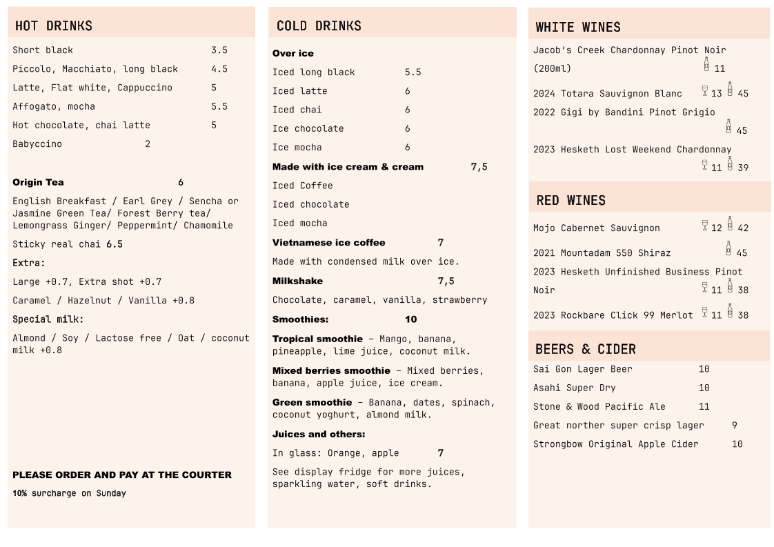 Menu, The Crossing Cafe