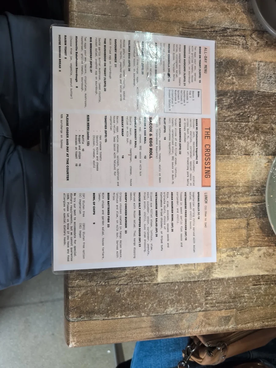 Menu, The Crossing Cafe