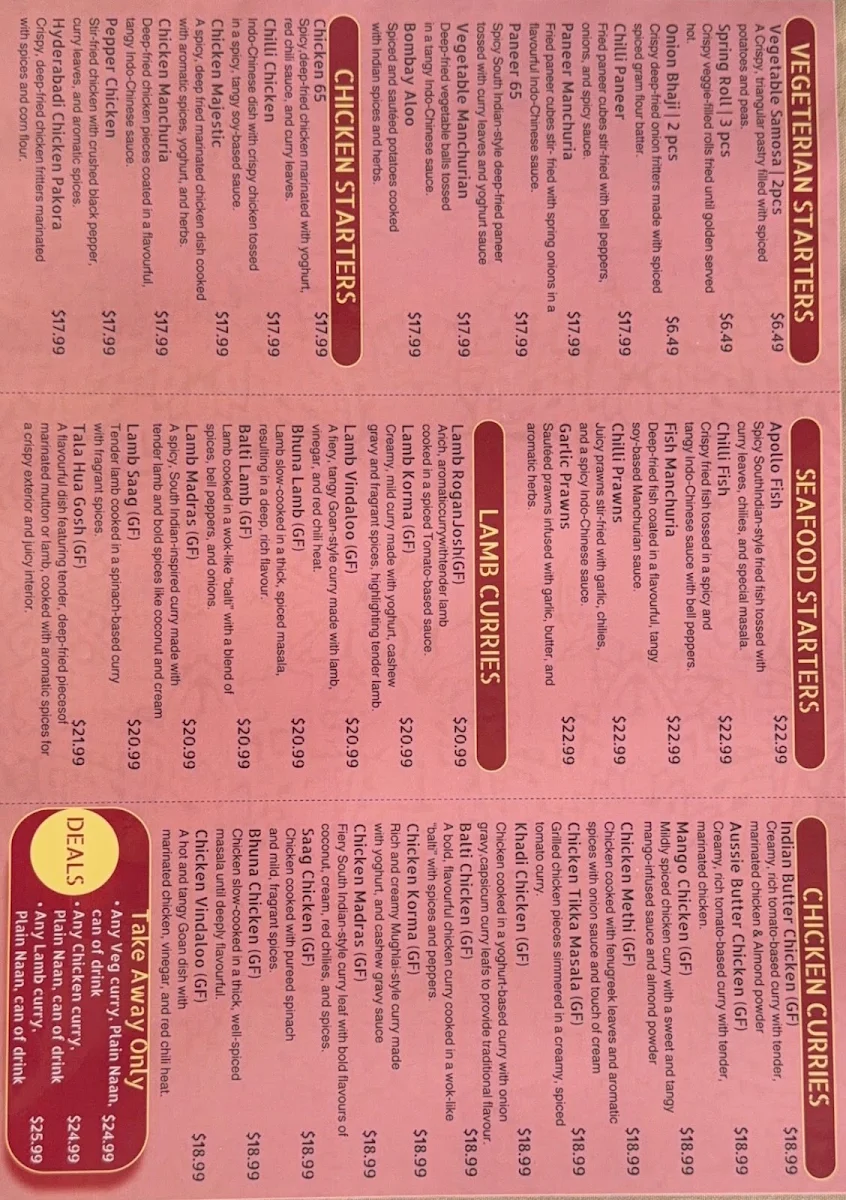 Menu, Curry 'n' Spice Indian Restaurant
